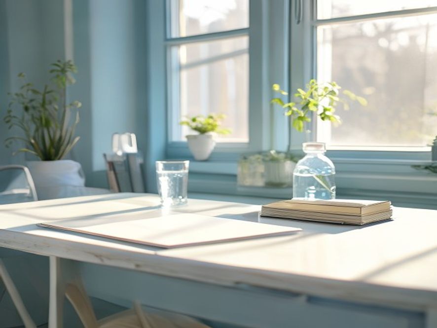 Bright morning workspace with natural light and notepad