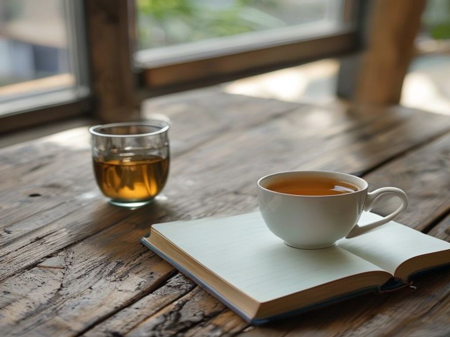 Mid-day break with water and notebook on desk